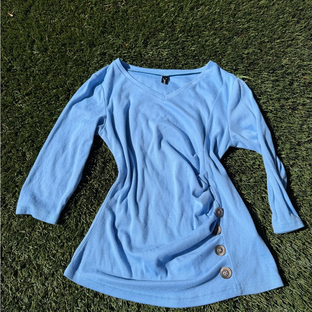 Blue V-Neck Button-Detail Women's Top
